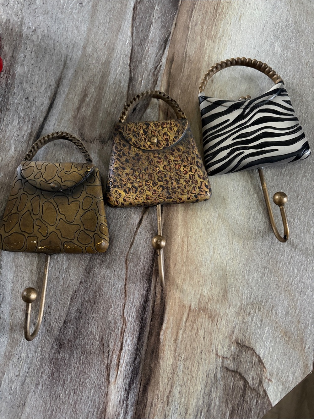 Decorative Handbag Wall Hooks - Set of 3 (Gold, Brown, Black/White)